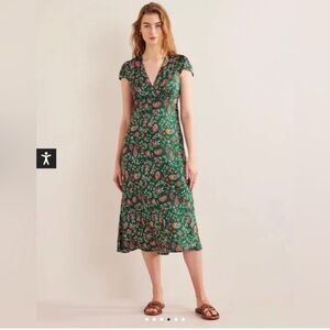Boden Tea Length Green Paisley Satin Dress